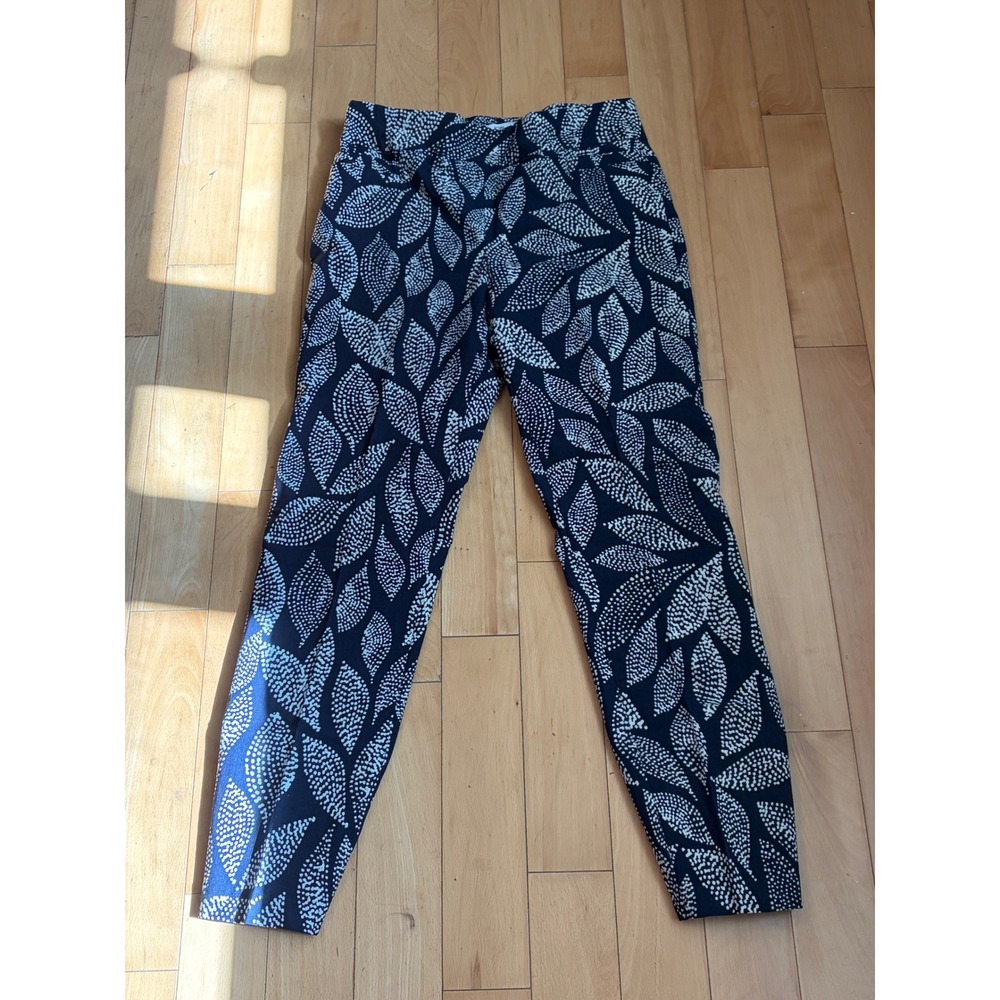 Kim Rogers Ankle Pants Womens 10 Navy Blue White Leaf Print Slim Fit Tapered